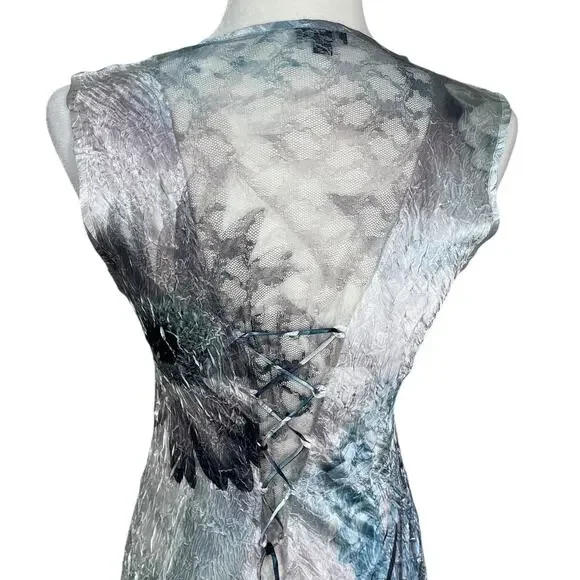 Komarov Satin Crinkle Stretch Floral Lace Maxi Dress Sz MP Whimsy Fairy Coquette - Picture 7 of 13